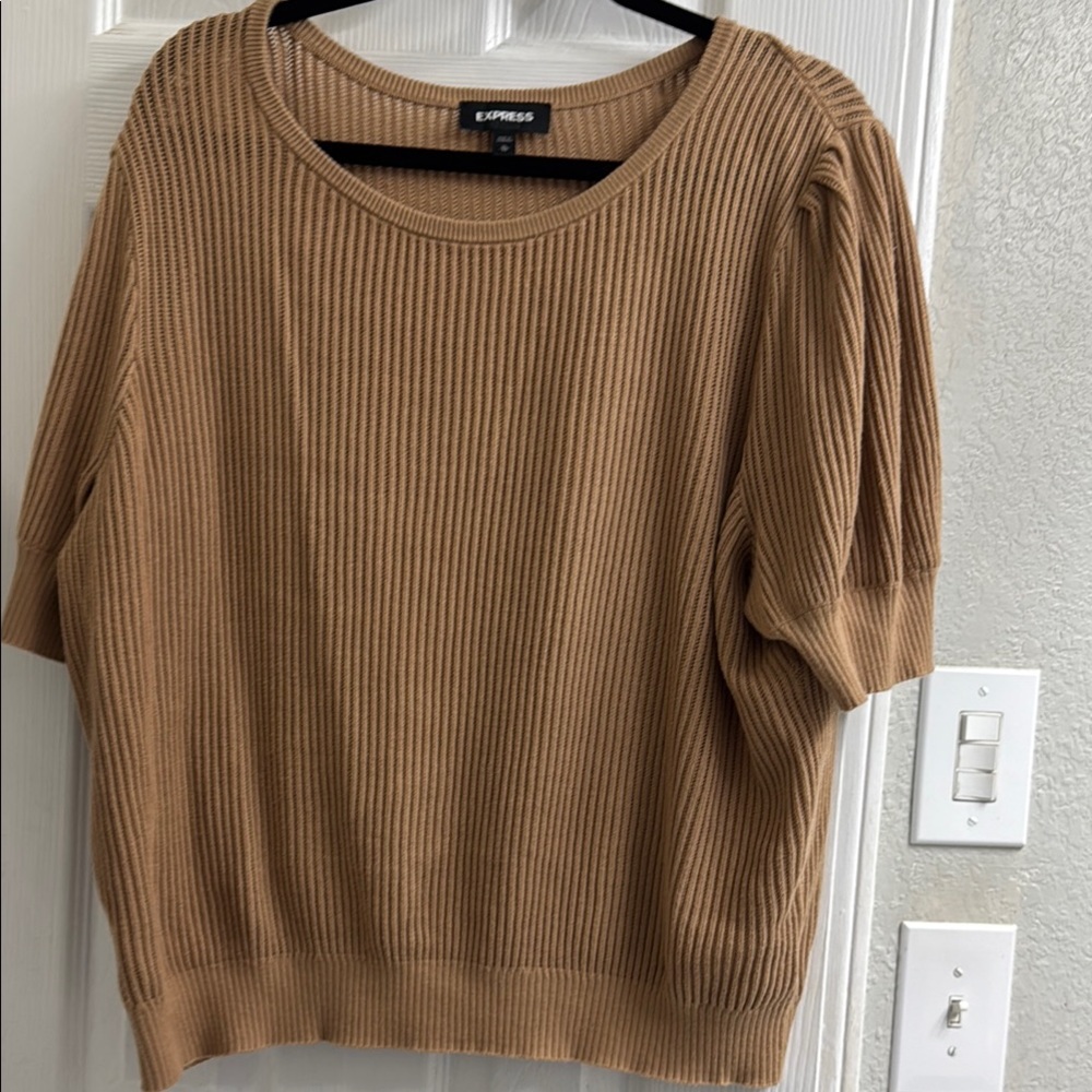 Express Tan Ribbed Knit Crew Neck Sweater